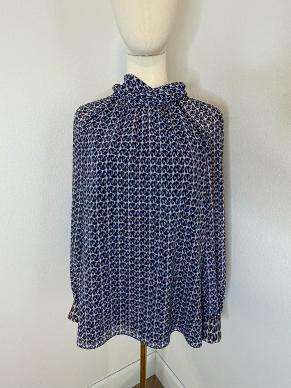Reiss‎ Navy and White Printed High-Neck Blouse Size 6
